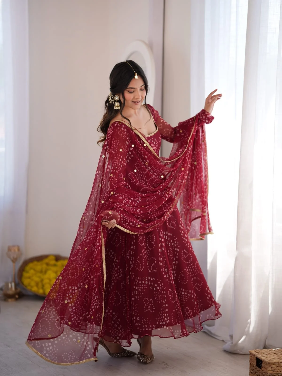 Maroon Digital Print Faux Georgette Flared Anarkali Suit Set